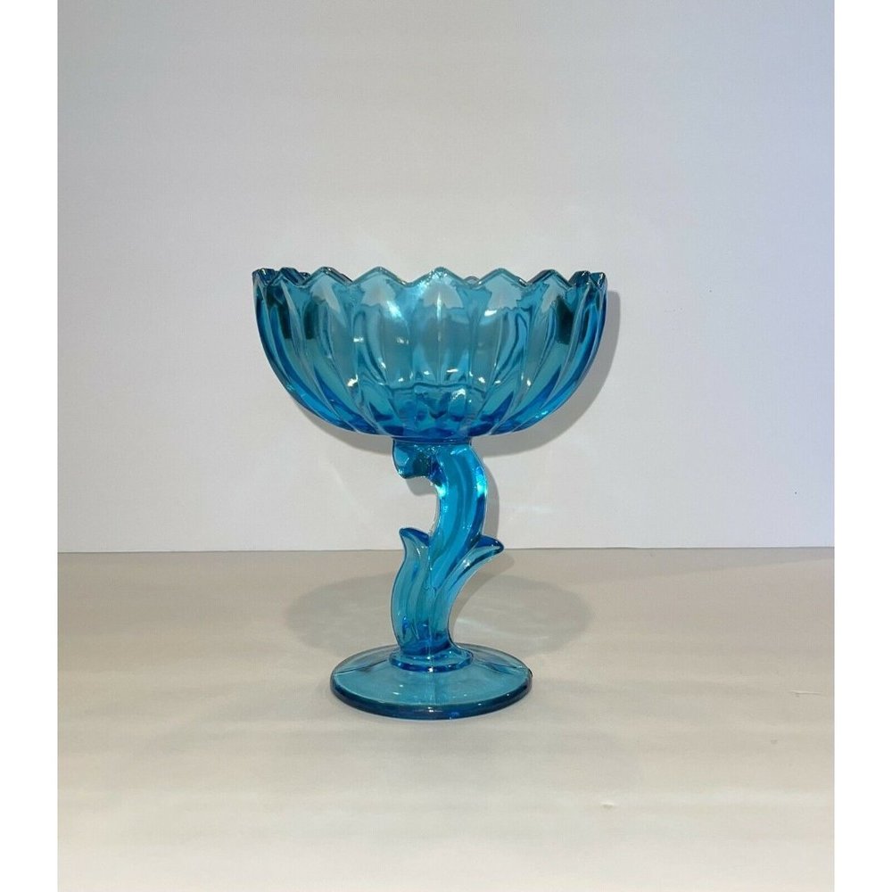 Vintage Aqua Blue Indiana Glass Lotus Compote Pedestal Bowl 